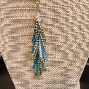 White House Black Market Blue and Aqua Beaded Tassel Necklace
